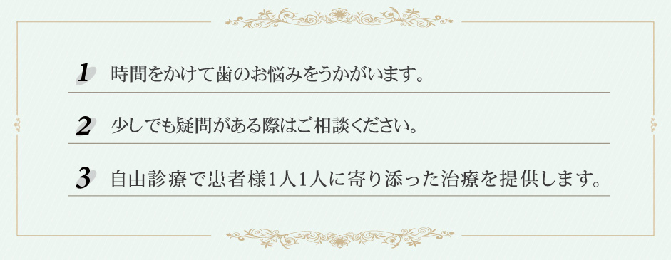 1 時間をかけて歯のお悩みをうかがいます。　2 少しでも疑問がある際はご相談ください。　3 自由診療で患者様1人1人に寄り添った治療を提供します。